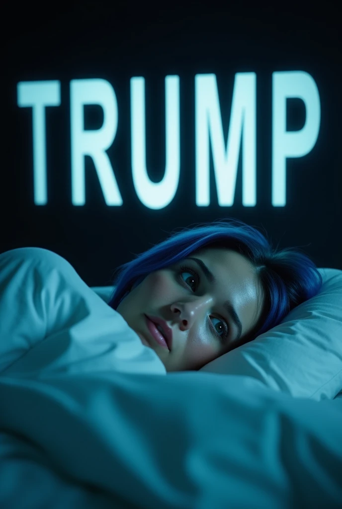 A cinematic medium shot of a blue-haired woman lying in bed and having a nightmare. In the nightmare, a large, white text that says "TRUMP" is lurking in the background. The woman is sweating and has wide eyes. The background is dark.