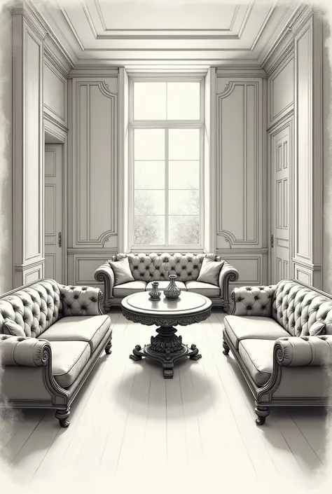 Sketch with two vanishing points of a room with three sofas and a very detailed table in the middle 