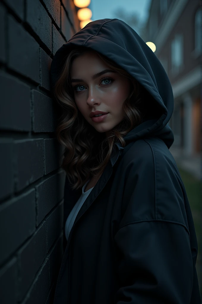 a beautiful woman leaning against a black brick wall there is a moonlight night wearing a hood jacket politely written on the name Nisa