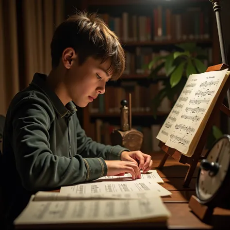 A 20 years old music student practicing diligently, surrounded by music sheets along with playing musical instruments and a metronome, cinematic scene, ultra realistic, hyper realistic, highly detailed image, Full HD image.