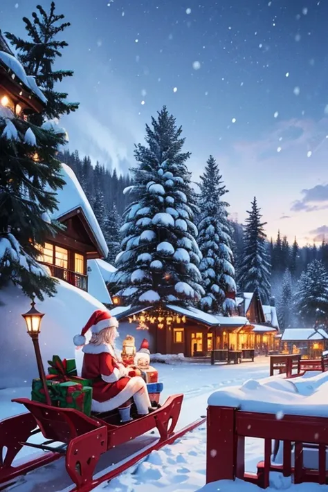 Santa Claus Village , its snowing,Snow is piling up,There are a lot of Santa Clauses,There are a lot of Santa Claus living , reindeer are flying in the sky pulling sleds