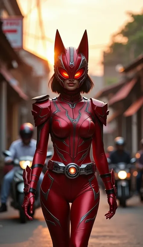 A beautiful adult Indonesian woman with short hair concealed beneath a sleek, mechanical helmet resembling a fox, inspired by the Kamen Rider series, walks confidently toward the viewer. She is clad in striking armor inspired by Kamen Rider Geats, with a f...