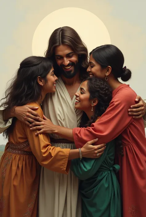 five people from different cultures embracing each other as friends and Jesus in the middle