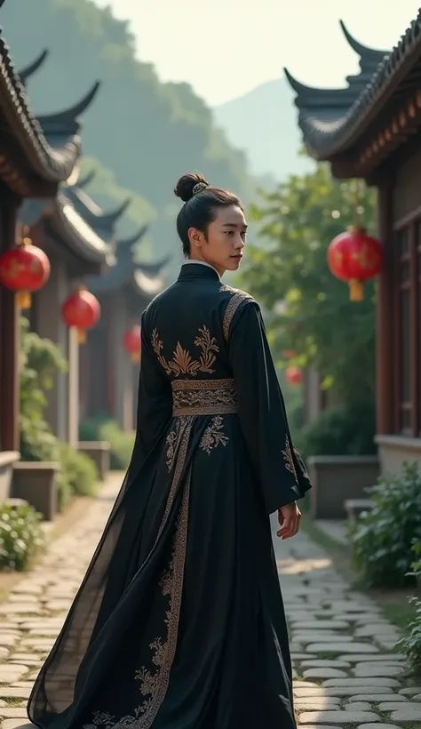 The most beautiful hanfu dress in this world worn by a man is Daman Black one boy boys hanfu most beautiful in the world , Short hair, Korean hair styles, Old Chinese village background.