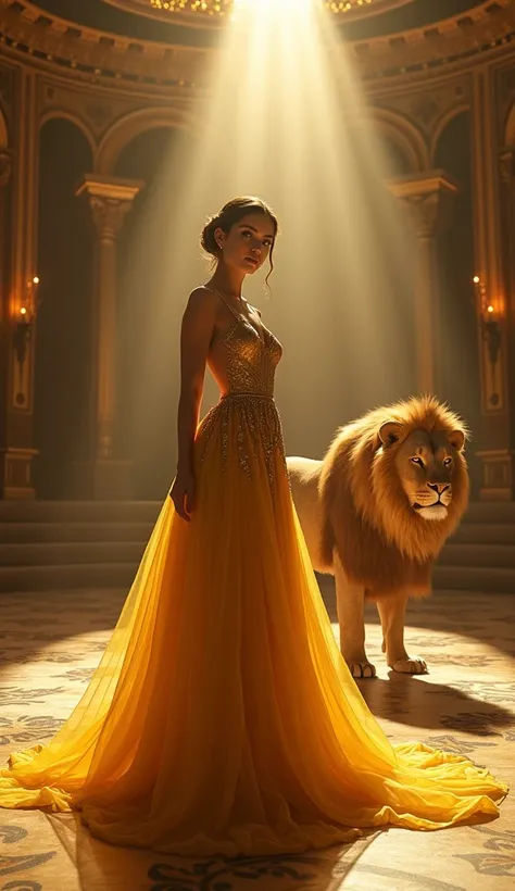  "Create an image of a woman in a stunning golden gown, standing on a grand stage under spotlight beside a majestic lion."