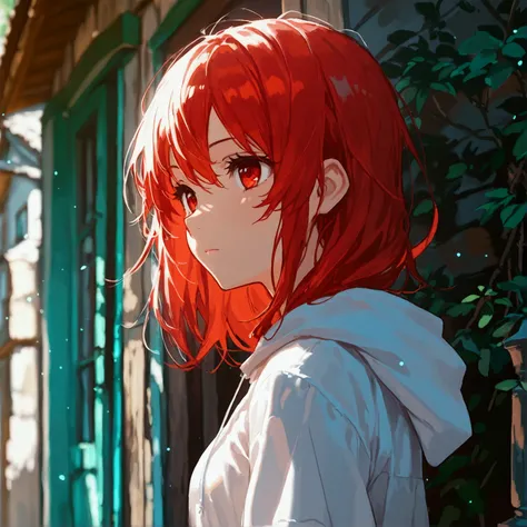 1girl, Solo, Long Hair, High Resolution, Masterpiece, Accurate, Best Quality, Detail, High Details, High Quality, Quality, Super Detailed, Red Hair, Red Eyes, Closed Mouth, From Side, Hood, Anime, standing in front of a house, side view 