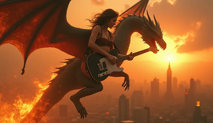 Create an art.  A very sensual and sexy woman singing and playing an old electric guitar on top of a flying dragon and breathing fire over a city causing an apocalyptic scenario. The guitar emitting waves of powerful rays through the notes  