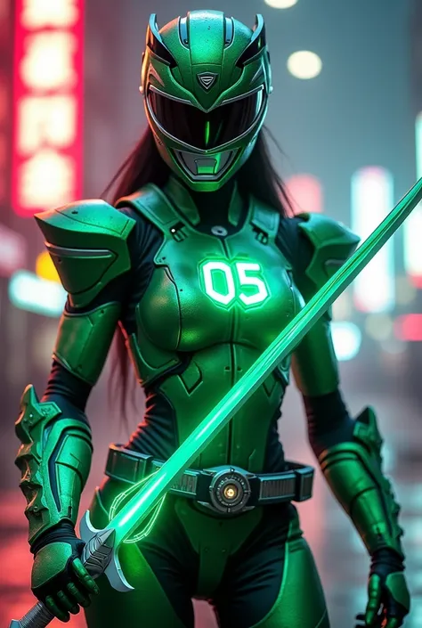 **Prompt:** An 8K ultra-resolution image of a terrifying Power Ranger warrior, captured by a professional low-angle camera with lens flares and vibrant lighting accentuating every detail. Her feminine, body-molded suit features metallic green tones and bri...