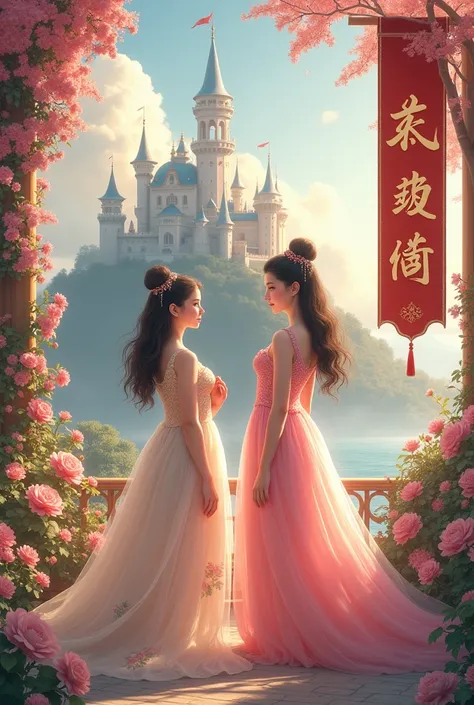  Princesses , un chateau et des fleur avec ecrit : "Meï-li " On a banner