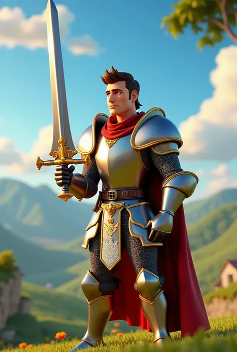  Knight in armor and his name is Sant Jordi. 3d pixar style. He carries a rose in his hand .