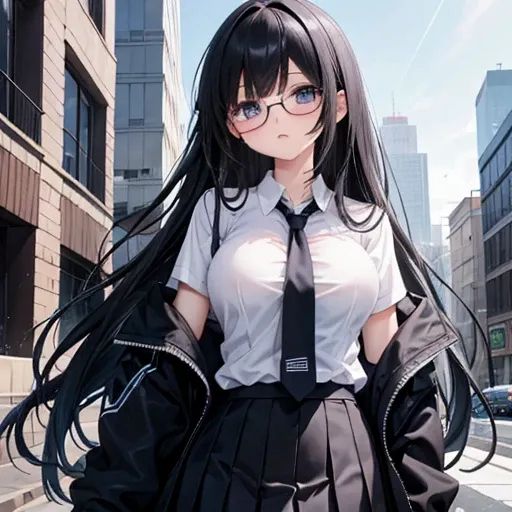 (  masterpiece  ) ( anime girl ,  1 girl in uniform) (  Details)  she has fair skin ,  she has long black hair , Bluish eyes, Her outfit is、Its a white shirt uniform , dark blue tie,  off the shoulder in a school jacket,  black miniskirt and glasses .、 bla...