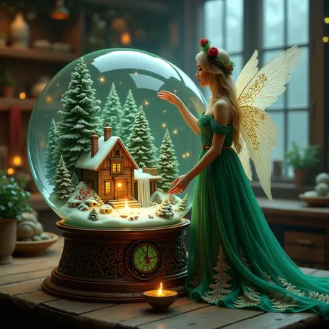 A snow globe with an intricate clockwork base sits on a  bench in a steampunk workshop. Inside the snow globe  a peaceful Christmas cottage nestled in a snowy pine forest sits beside a  small waterfall frozen in mid flow. The cottage emits a cozy glow and ...