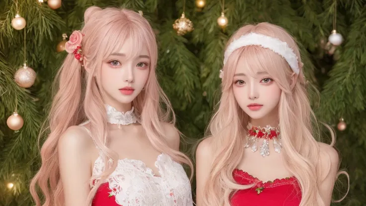  Beautiful skin with perfect body ：1.4， Layered Hairstyle ，：， Highly Detailed Face and Skin Texture，，whiten skin， Long Pink Hair 、Christmas、 Christmas Digging Top 、Red Christmas costume 、Christmas stockings、 Christmas Tree、充滿Christmas氣息、Beautiful beauty so...