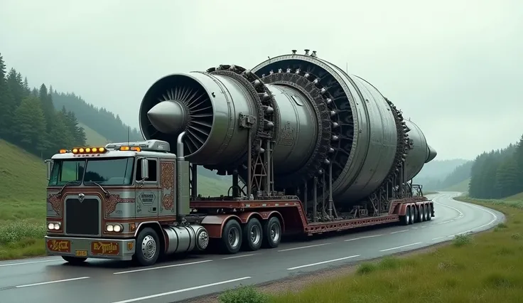 CREATE A REALISTIC IMAGE OF A TRUCK CARRYING AN AIRPLANE ENGINE