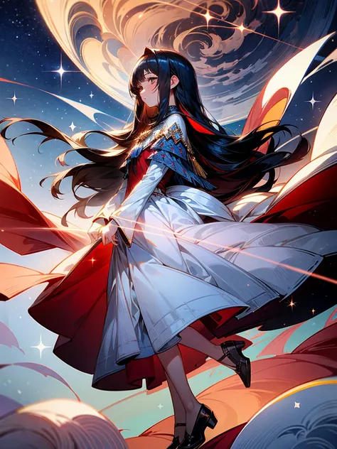 Snowy illustration、Neat and clean dark-haired girl 、Extremely fantastical  、Backlighting、 Gentle features、 Looking up at the sky、girl in a luxurious crimson dress、  Full Body Esbian、Beautiful detailed sky with shining stars、Sparkling、 low angle super long ...