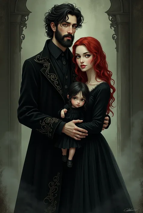 Create an gothic animation portrait style, with a man dressed in black with curly hair and a long beard, a woman in black with curly red hair, and a baby girl in a black dress and black hair