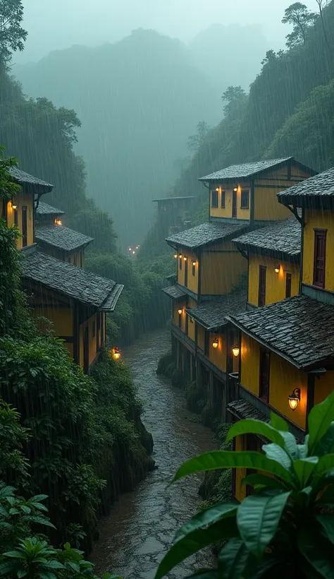 Cinematic drama scene, a city with ancient golden yellow buildings in the middle of a coffee plantation. Heavy rain pouring down creates a thick mystical atmosphere, creating a very mystical atmosphere with a dark impression in the background, adding to th...