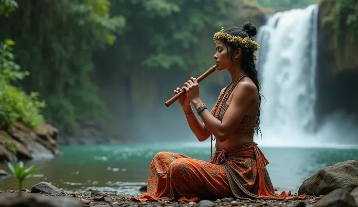 My woman meditates in traditional Papuan dress playing flute by the river where there is a waterfall 