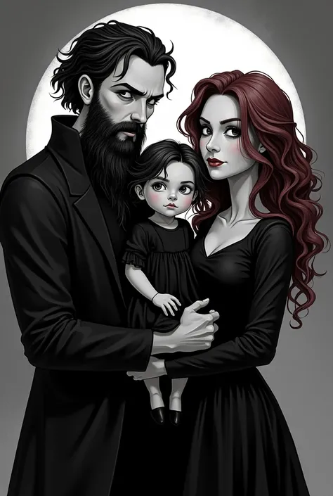 Create an gothic animation portrait style in black and White, with a man dressed in black with curly hair and a long beard, a woman in black with curly red hair, and a baby girl in a black dress and black hair