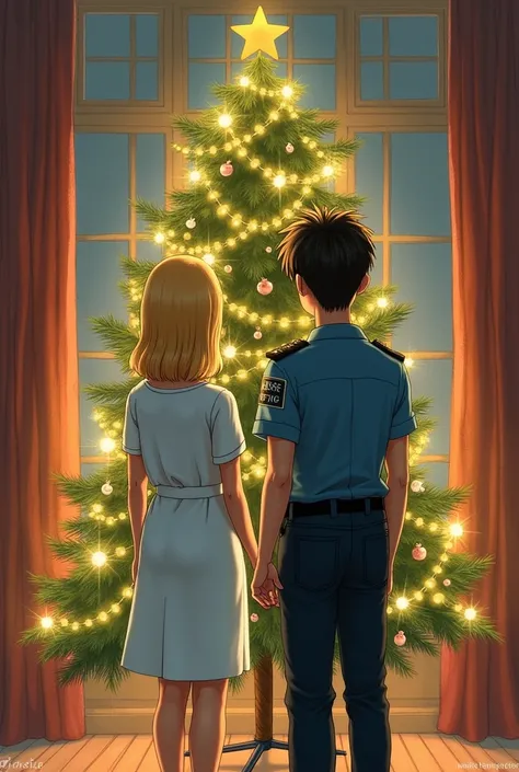 Illustration Couple de dos devant le sapin de Noël femme blonde cheveux court infirmiere et homme brun cheveux tres court gendarme mobile qui attendent un bébé 