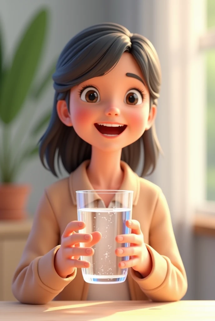 A smiling person holding a glass of water animation 