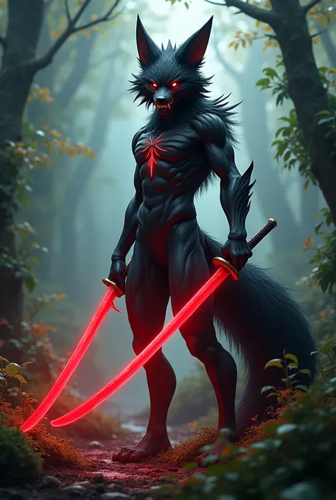 humanoid fox ,  black clothes , Katana totally red,1,60 tall , sharp teeth,  creepy appearance , has fox features , forest background,  teeth showing , fantasy world, it has 4 fox tails,  completely red,It has 4 huge tails  