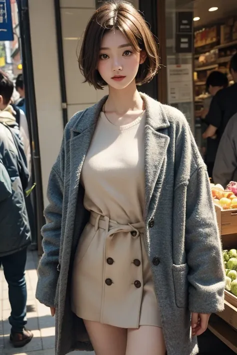 Short Coat、Tunic、（big tits:1.9）、super short hair、Market、 natural beauty 、 High Quality ,  high detail,  high image quality model , 最 High Quality , 