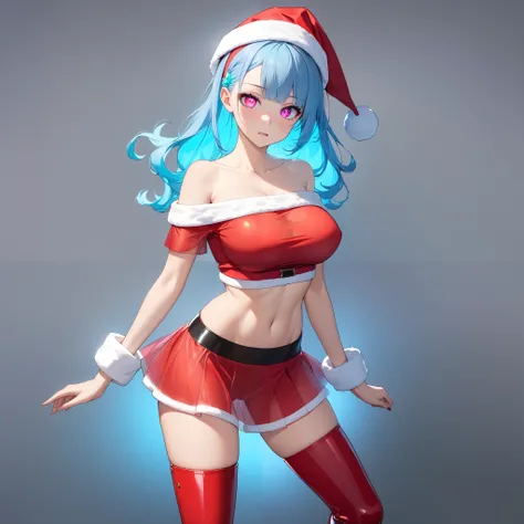  1 Woman ,  beautiful skin,  fine skin, Vibrant Hair,  glowing eyes, JK, ( random hair color ,  random hairstyle ),  Thin Waist ,  slender body, Big Breasts:1.2, see-through santa costume,  Off Shoulder , Cropped tops,  Santa Micro Mini Skirt , Shiny thigh...