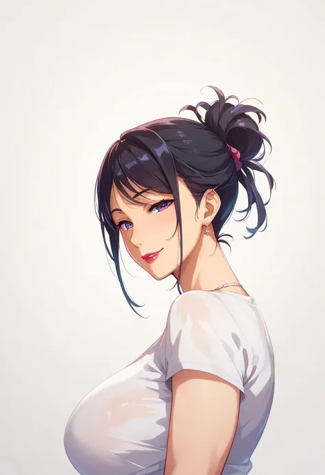 Side view、Ultra-detailed illustrations、Ultra-precise expression、masterpiece、Best Quality、ultra High resolution、High resolution、takeda hiromitsu style、White Background、Simple Background、white shirt、Black Hair、Hair up、Expressionless、smile、mature female 、lips...