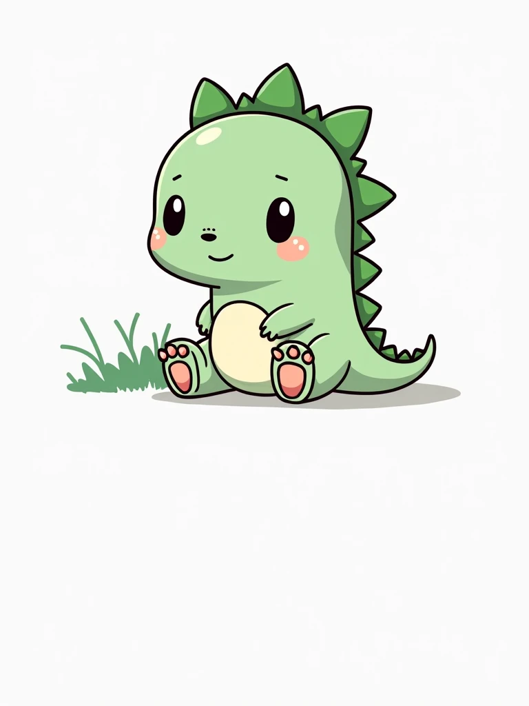 A light green, cute cartoon dinosaur sits on a white background. The dinosaur has large, round, innocent-looking eyes with small, rosy pink blush marks around them. It has a small, gentle smile, and its body is round and chubby, with small, heart-shaped fe...