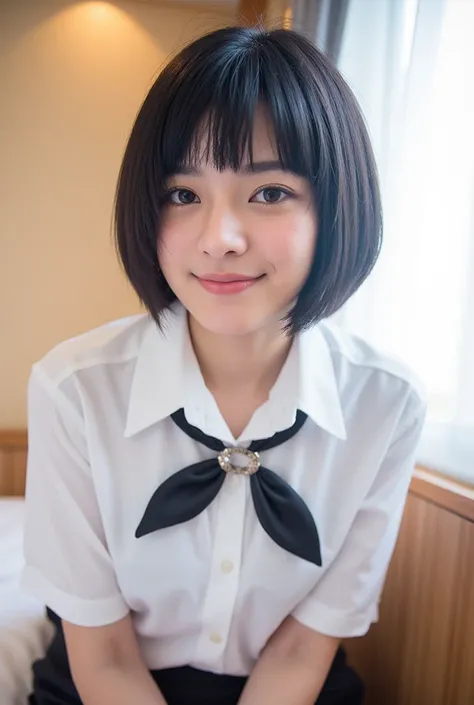 ( top quality,  masterpiece  :1.3, super high resolution),( very detailed, caustics ,8k),( realistic :1.4,RAW shooting), 1 girl,( looking at a camera and smiling ),( see here)、cute, Japanese ,Black short hair looks good,(Tight-fitting uniform blouse),(( mi...