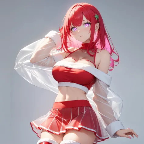  1 Woman ,  beautiful skin,  fine skin, Vibrant Hair,  glowing eyes, JK, ( random hair color ,  random hairstyle ),  Thin Waist ,  slender body, Big Breasts:1.2, see-through santa costume,  Off Shoulder , Cropped tops,  Santa Micro Mini Skirt , Shiny thigh...