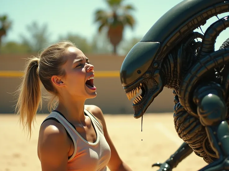 A young female volleyball player is being humiliated by Xenomorph
she screams in pain

Live action style