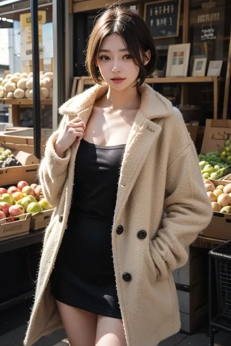 Short Coat、Black　Tunic、（big tits:1.9）、super short hair、Market、 natural beauty 、 High Quality ,  high detail,  high image quality model , 最 High Quality , 