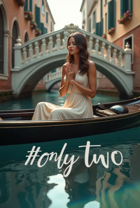  Pretty woman making peace gestures on a Venetian gondola. The lettering "#Only two " Is reflected in the canals .  carnival masks decorate the bridges .