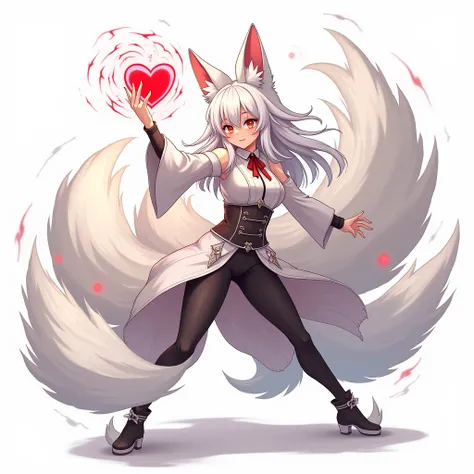 (Full body of white-haired fox girl ears，Full body of esbian，Dynamic pose)，Masterpiece，Exquisite details，Very beautiful colors，Exquisite details，Delicate lips，Sophisticated details，Realism，High level of photo realism，Girls and white-haired fox：1.1，White-ha...