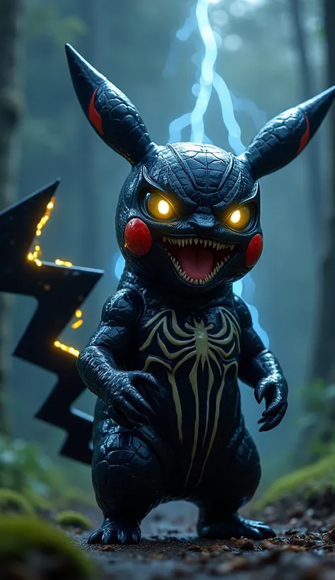 A hyper-realistic hybrid of Venom and Pikachu in a dramatic cinematic style. The creature combines Venoms black liquid-like body and sharp features with Pikachus yellow highlights and red cheek marks glowing faintly. Its tail is a lightning-shaped black ap...