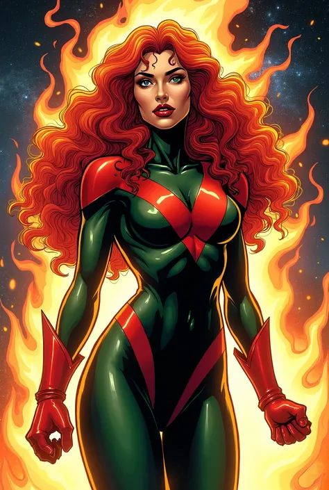 (X-men 1990s appearance rogue as The Phoenix Force), thick, original red hair highleted white, curly hair, big hips, cosmic background, highest quality