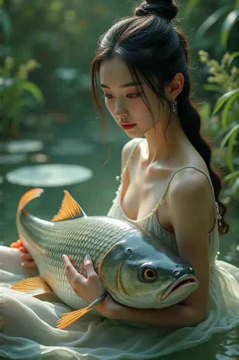 super hdr, ultra scren, naturalistic. a beautiful korean woman holding big fish with big expressive eyes, sitting on a lily pad in a serene pond, surrounded by water droplets and lush greenery, masterpiece, best quality, 8k, ultra detailed, concept art, ri...