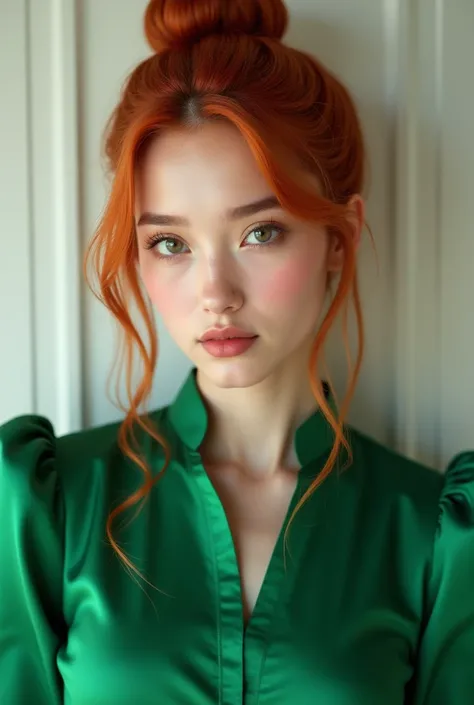 Red hair only with a bun and green blouse 