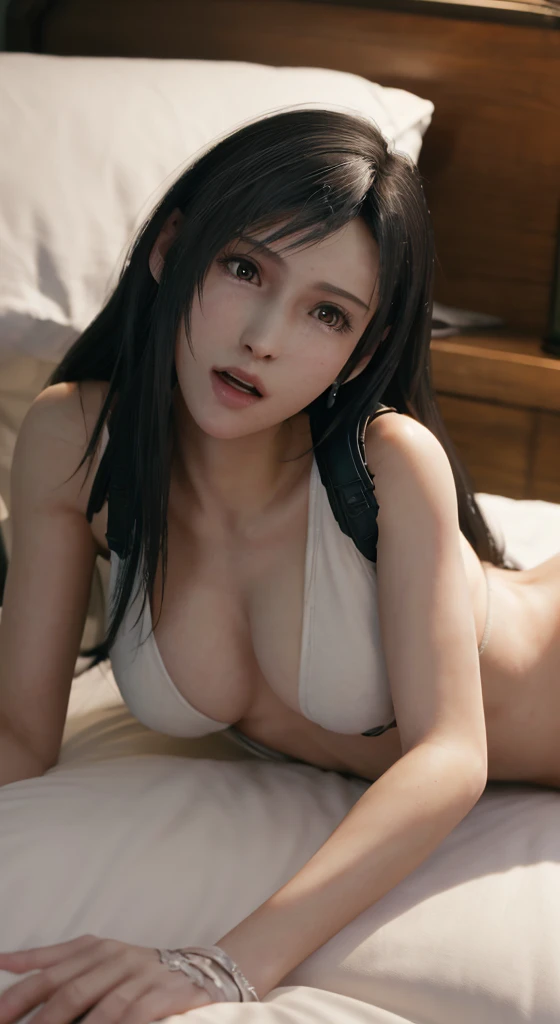 ((Nude with a large expression of anguish lying on a bed)),(( top quality, masterpiece: 1.1)), (( realistic : 1.3)), (((FF7,Tifa_ Lockhart )))