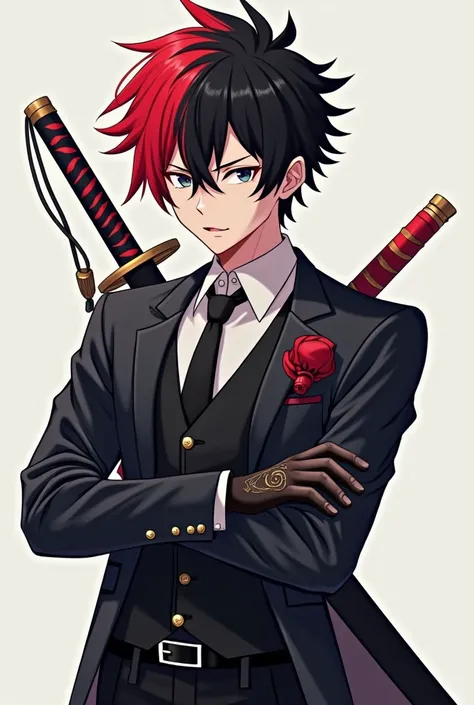 Anime boy with redblack hair and wear criminal clothes and black tie. Wear black hat and aksesoris katana 