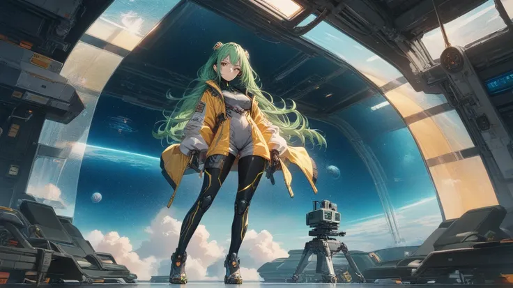 Long view shot of a mysterious anime girl with chin-length green hair and warm brown eyes, dressed in a sleek, black-and-yellow space pilot suit with metallic patches on her shoulders. She stands with her hands behind her back, gazing intently at the viewe...