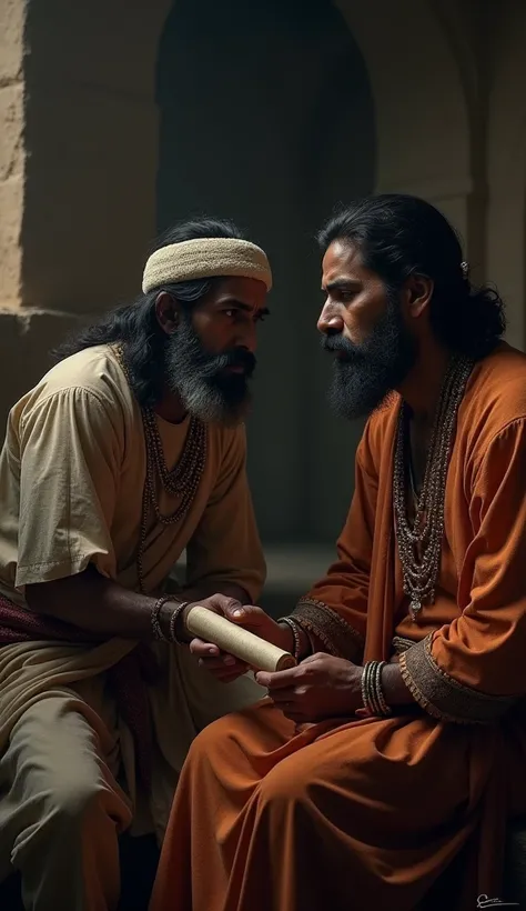 In a dimly lit prison chamber, Prithviraj Chauhan and Chand Bardai sit close, whispering secretly. Chand Bardai looks determined, holding a scroll, while Prithviraj listens intently, his face showing both resolve and sorrow. The atmosphere is heavy with th...