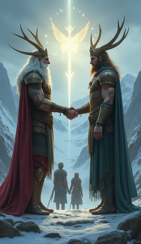 The Aesir and Vanir shaking hands, agreeing on the truce, and preparing to exchange hostages