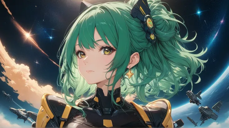 Long view shot of a mysterious anime girl with chin-length green hair and warm brown eyes, dressed in a sleek, black-and-yellow space pilot suit with metallic patches on her shoulders. dressed in a dark black and silver space suit with polished reflective ...