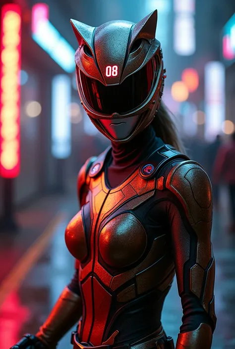 **Prompt para imagem:**  

 Create a dynamic scene of a terrifying female Power Ranger ,  with womens costume and helmet based on the number 08 .  The womens costume has a high-tech design ,  blending textured materials in shades of dark brown and metallic...