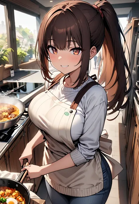 (  masterpiece  ,   top quality:1.2), One anime girl , Alone,   expressive eyes, Walking around the shopping street with an eco bag  , (((Dark-haired ponytail ))). ((( straight hair))), (smile), (((Reddish brown eyes))), ((( perfect face girl ))), (((Summe...