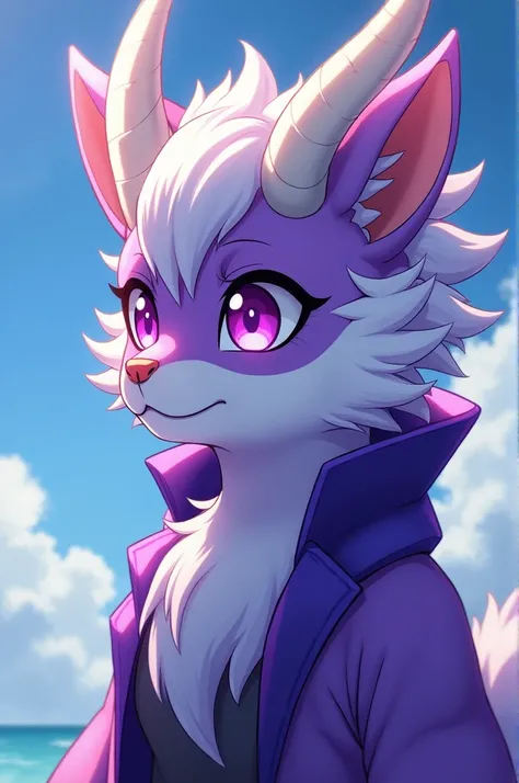 Furry, anime art of Kirin, Violet Eyes, purple face, White nose, White chin, Purple Body, White Hair, 2 white horns, femboy, Tengen Uzui Outfit, Side Character, Looking to the left, masterpiece, 4k, best quality, anime art