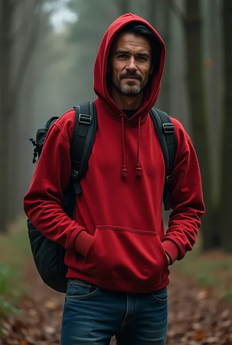  a man, 45 years, friki, slender,  something attractive but not too attractive , moreno, very , Alone,  he is a great wizard who pretends not to be a wizard ,  red hoodie without putting on and jeans , a backpack that wears MALBORO ,  charismatic , very en...